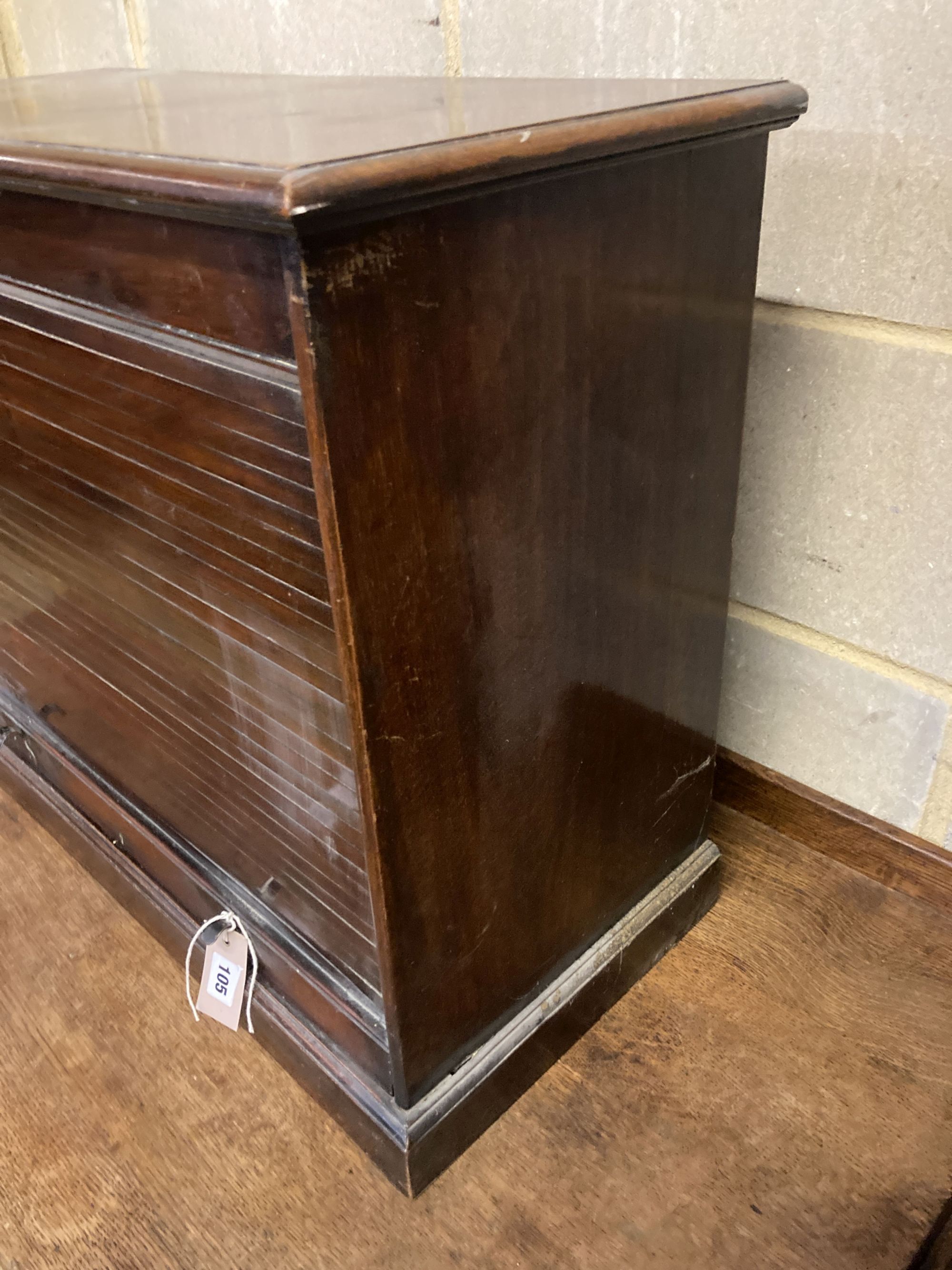 An early 20th century mahogany tambour table top office cabinet, width 68cm, depth 31cm, height 56cm